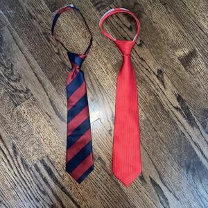 Boy's LOT 2 PRE-TIED Zipper TIES - Navy/Crimson Preppy Stripe + Red